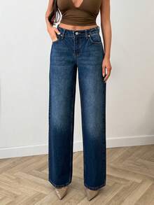 SHEIN Pantalón vaquero de pierna recta y suelta, de cintura baja, lavado azul, 100% algodón, estilo casual - Azul lavado medio - Ver 3