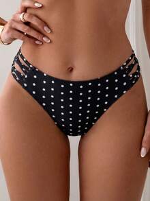 Swim Vcay 女士黑色波点随机印花比基尼泳裤，侧边交叉绑带，低腰常规三角泳裤，适合海滩、泳池、度假穿着。 - 黑與白 - 查看 1