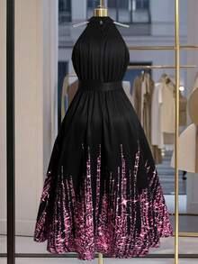 GlowEve CURVE 大码女士优雅露背亮片印花连衣裙，配腰带，适合春夏休闲约会和派对。 - 彩色 - 查看 2