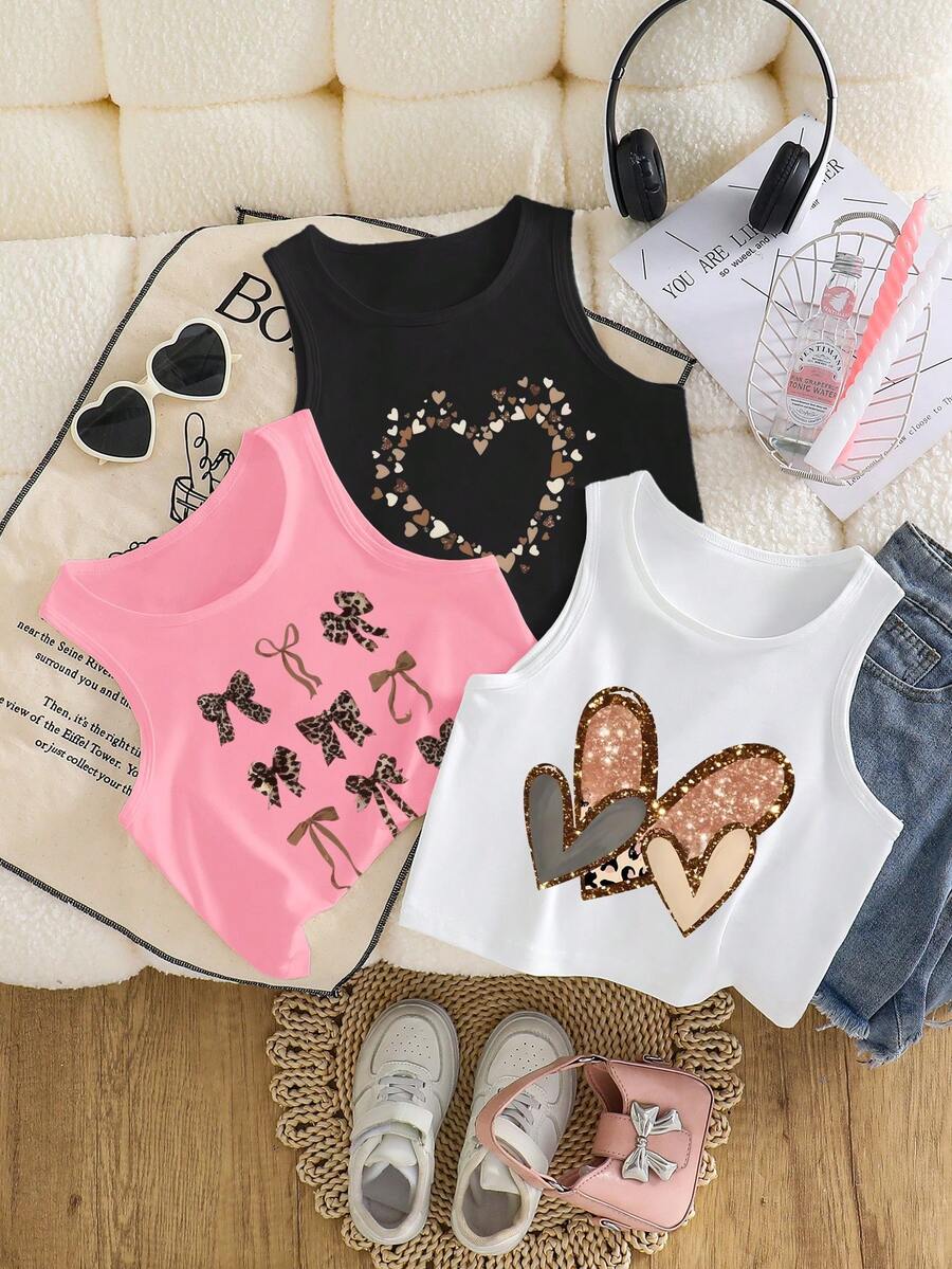 三件套蝴蝶结爱心印花休闲无袖上衣，适合春夏穿着，时尚吊带背心，粉色、白色、黑色可选，百搭牛仔裤，日常休闲穿着。 - 白色 - 查看 1