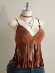 SHEIN ICON 大码流苏V领吊带背心，音乐节穿搭 - 棕色 - 查看 9