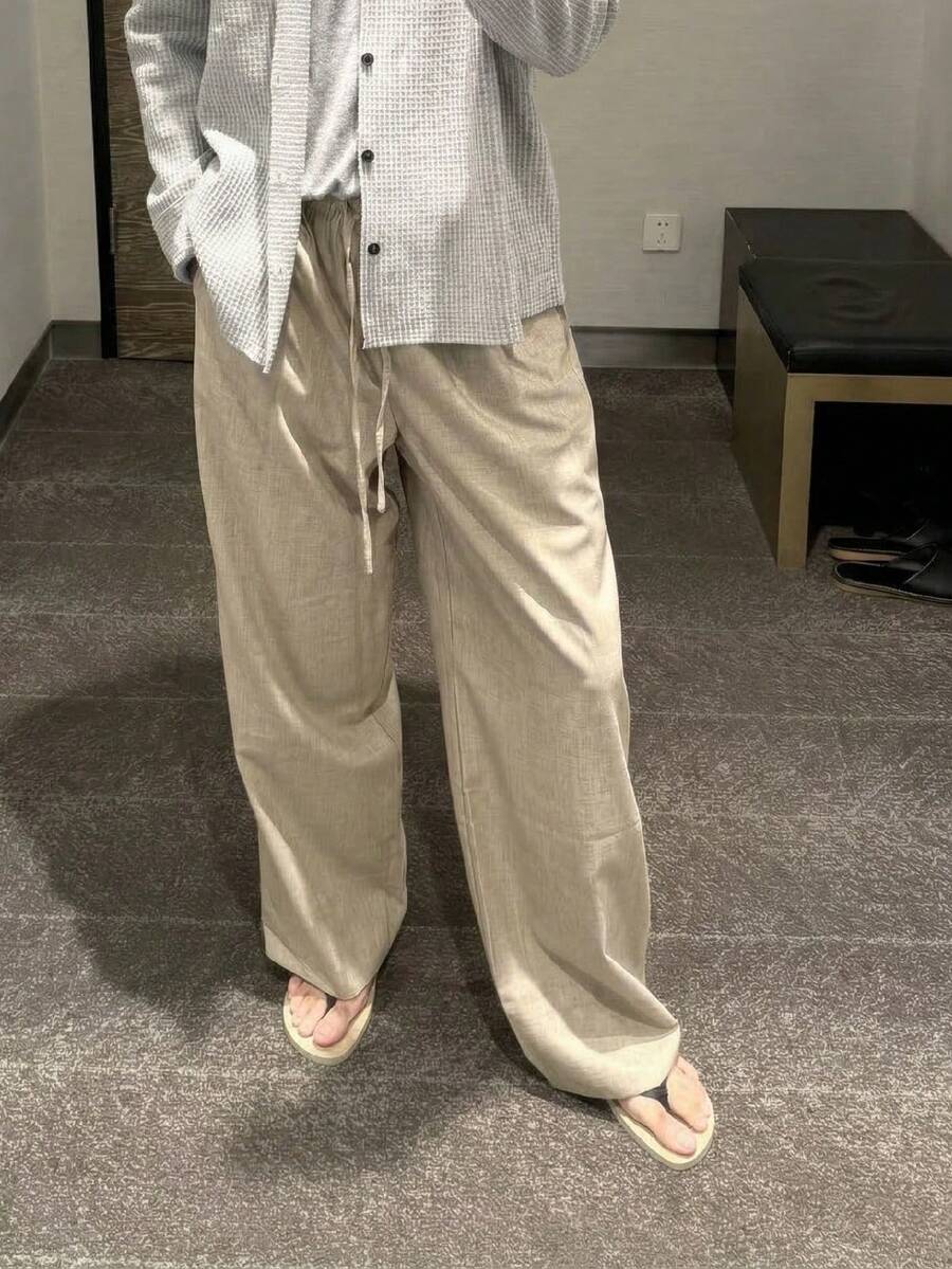 SWAVVY Men's Casual Comfortable Solid Color Elastic Waist Drawstring Pants Men Wide Leg Pant Wide Leg Sweats Loose Pants - Apricot - View 1