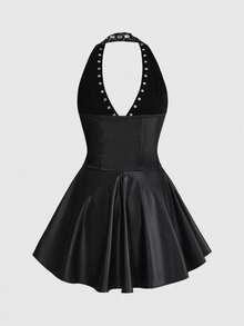 ROMWE Grunge Punk 女士朋克铆钉装饰腰部交叉绑带PU皮革露背迷你吊带连衣裙，适合夜店派对、音乐节、日常出行 - 黑色 - 查看 2