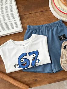 SHEIN 2pcs/Set Baby Boy/Girl Casual Cute Crayon Animal Print Loose Round Neck Knit Top T-Shirt And Shorts Set, Suitable For Spring/Summer Wear - Multicolor - View 6