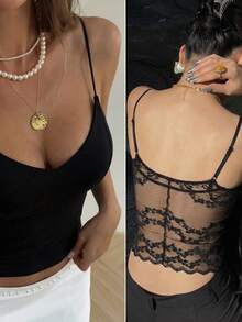 DAZY Lace Hollow-Out Backless Tight-Fitting Casual Vacation Summer Tank Top For Women - Black - View 8