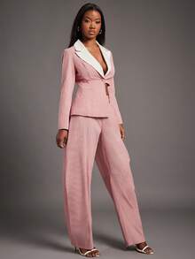 NYA SZN 配套套装（上衣和裤子）上衣长袖西装外套高低摆垂褶领口裤子高腰宽松筒裤细条纹商务休闲奢华优雅女装 - 紅白色 - 查看 4