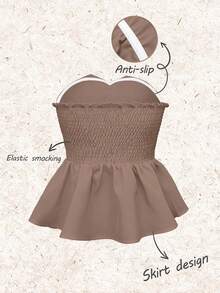 Franclia 女士纯色优雅抹胸式纽扣设计上衣 - 咖啡棕 - 查看 2