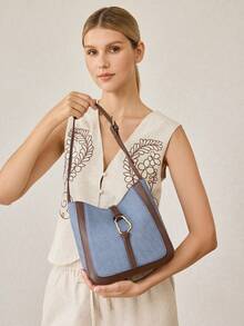 MOTF PREMIUM WOMEN'S SHOULDER BAG, SIMPLE COMMUTER BUCKET TOTE BAG - denim blue - View 6