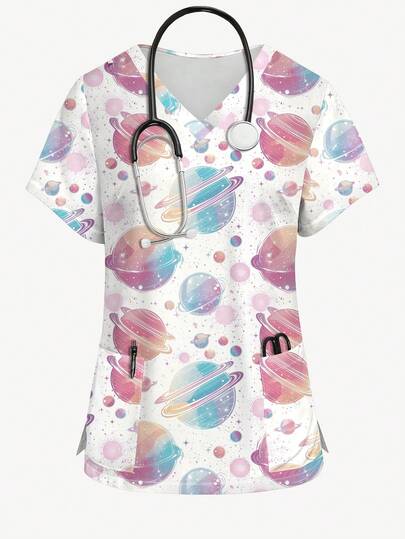 PopScrub Colorful Cosmic Planet Cartoon All-Over Print Nurse Uniform Top, V-Neck Short Sleeve Scrub Top, Nursing Uniform For Women, Suitable For Holiday, Vacation And Daily Wear, Spring/Summer