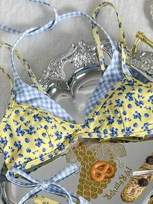 Swim Mod 女士新款格子碎花比基尼套装，两件式泳衣，适合泳池、度假、海滩、夏季穿着 - 藍色 - 查看 6