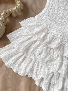 SHEIN 少女简约优雅白色立领无袖褶皱A字长连衣裙，适合日常通勤 - 白色 - 查看 6