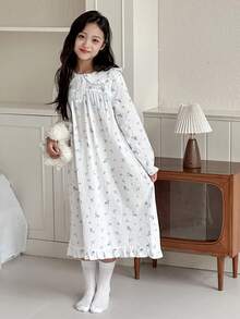 DAZY Tween Girls Soft & Comfortable Printed Ruffle Collar Long Sleeve Dress, Casual Loungewear - White - View 3