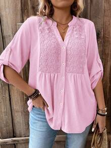Weeklong Women Plus Size Lace Patchwork 3/4 Sleeve V-Neck Button Down Shirt,Blush Pink,Summer,Boho,Formal,Vacation,Holiday Light Top Flared Ruffle Hem Blouse - Baby Pink - View 3