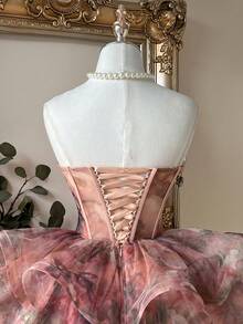 Lovelzi Elegant Multi-Color Mesh Floral Print Strapless Short Dress,Handmade Floral Appliques,Fishbone Waist Tape,Tiered A-Line Skirt,Adjustable Tie Closure - Multicolor - View 8