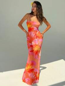 Aloruh 女士优雅度假橙色百合印花露背吊带连衣裙，沙滩度假连衣裙，橙色连衣裙，沙滩度假套装，夏威夷连衣裙 - 橘色 - 查看 5