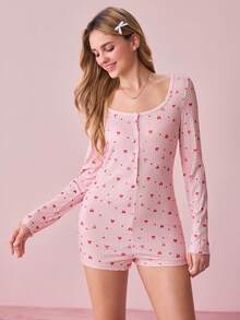 Bonmuse 女士半拉链蝴蝶结爱心印花可爱罗纹针织连体衣，休闲舒适长袖，冬季 - 粉色 - 查看 3