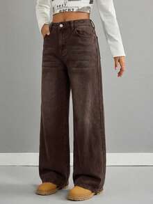 SHEIN Jeans bleus vintage taille basse ample pour préadolescentes - Acajou - Voir 6