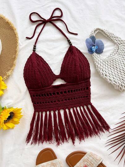 Soleia Blusa de punto con cuello de halter con cuentas y flecos, adecuada para vacaciones, citas, té de la tarde, playa, crucero, viaje por carretera, temporada de bodas, festival de música, vacaciones bohemias