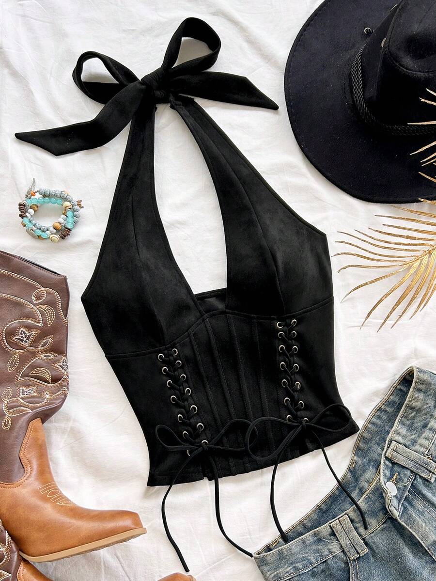 Soleia 新款性感V领系带麂皮解构女式背心，适合假日、约会、下午茶、度假、音乐节、波西米亚风、邮轮、海滩、圣诞节、新年、夜店等场合。 - 黑色 - 查看 1