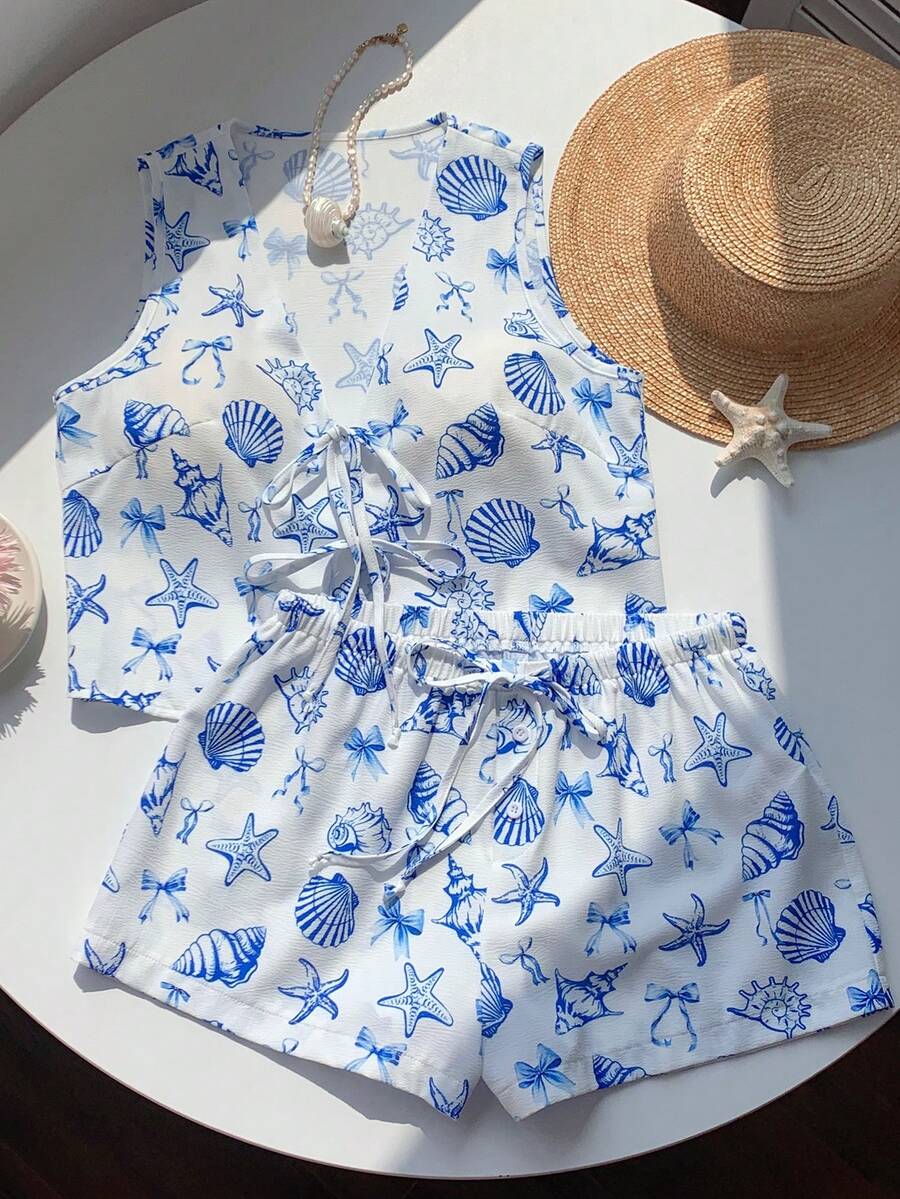 Comfortcana Women's All-Over Print V-Neck Tank Top And Shorts Casual 2 Pieces Set - Baby Blue - View 1