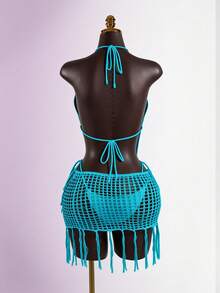 SaltGleam SaltGleam 性感露背夏季吊带背心和亮片装饰半裙两件套，休闲度假装 - 藍色 - 查看 2