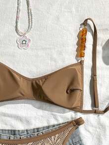 Swim Vcay 春夏针织提花无钢圈可拆卸胸垫细肩带装饰上衣和泳裤女士沙滩度假休闲泳装套装 - 棕色 - 查看 4