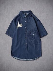 Manfinity Hypemode Men's American Style Premium Printed Denim Short Sleeve Shirt - Blue - View 5