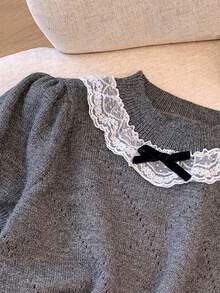Franclia Suéter de punto nuevo para mujer de primavera/verano, diseño elegante y casual francés de ajuste ceñido, estilo coreano de alta gama con encaje, parche y manga farol con lazo - Gris - Ver 5