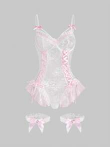 ROMWE Kawaii 情人节甜美纯真可爱娃娃风钢圈蝴蝶结系带性感连体裤 - 粉色 - 查看 1