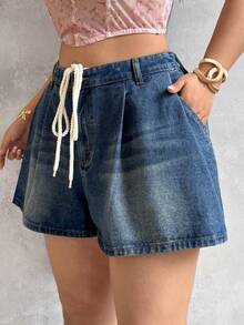 Sunnyshic Plus Size Women High Waist Loose Drawstring Denim Shorts - Blue - View 5