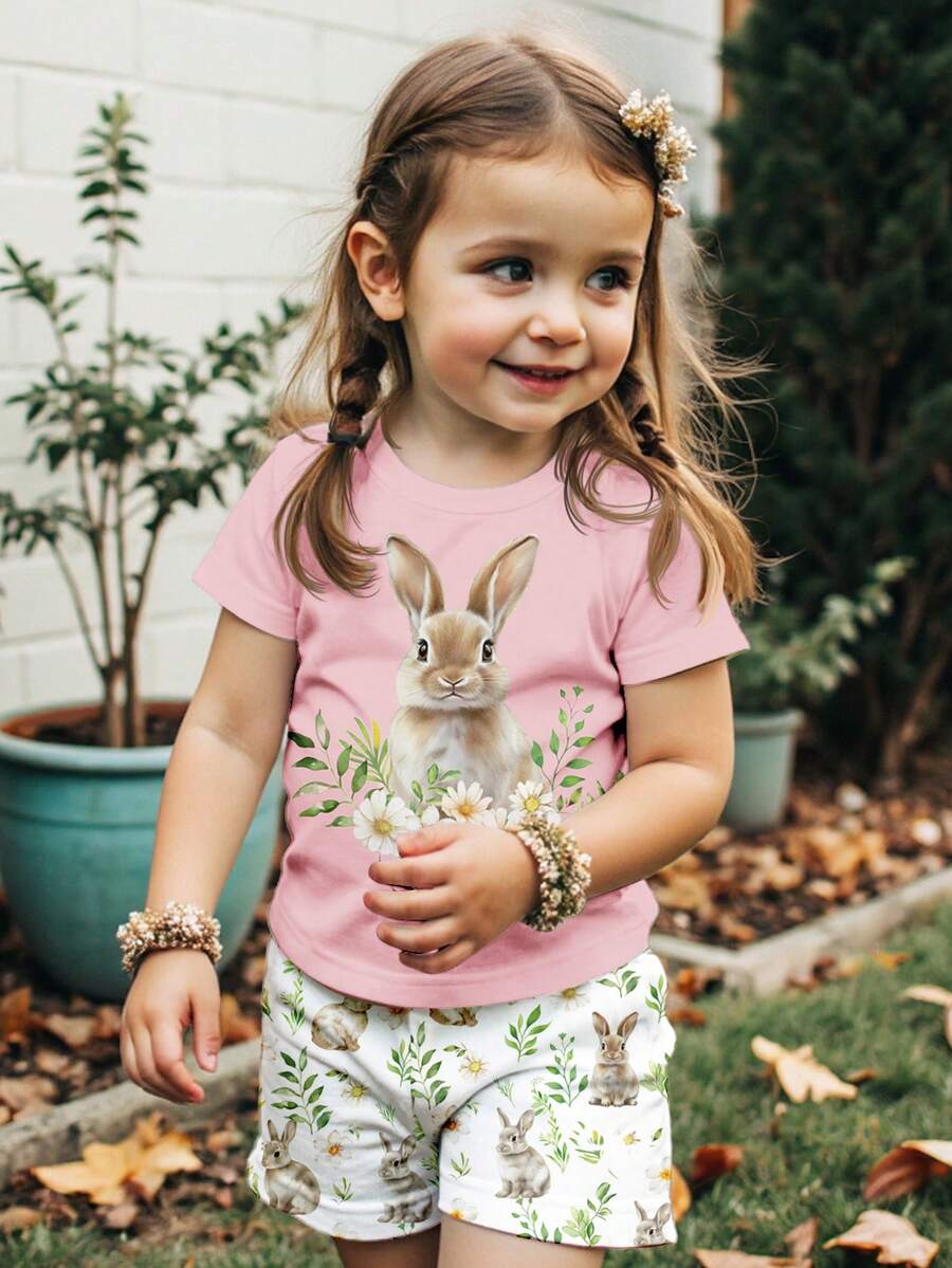 Young Girls Pressed Flowers Sets, Boho Rabbit Wildflowers Rabbit Plant Sets, Vintage Botanical Sets Pastel Rabbit Floral Nature Sets Young Girl Casual Minimalist Short Sleeve Top And Shorts 2-Piece Set, Suitable For Summer - Multicolor - View 1