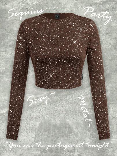 Y2Kool Women's Metallic Silver Foil Polka Dot Print Fitted Long Sleeve T-Shirt, Suitable For Parties, Halloween, Y2K Streetwear, Autumn/Winter Casual Stylish Clothing Collection New Year Outfits Gyaru Graphic Tops Black Tops Spring Outfits Women Birthday Outfit For Women Carnival Clothes
