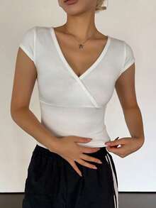 ajustada de manga corta y cuello cuadrado de unicolor para mujer, uso casual diario, tops cortos para mujer, tops lindos - Blanco 14 - Ver 2
