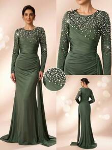 Serin Falda de sirena elástica de punto con pliegues, con diamantes y strass, elegante y lujosa, adecuada para bodas, fiestas, vacaciones, galas, días festivos, vestidos de noche para la madre de la novia - Verde militar - Ver 1