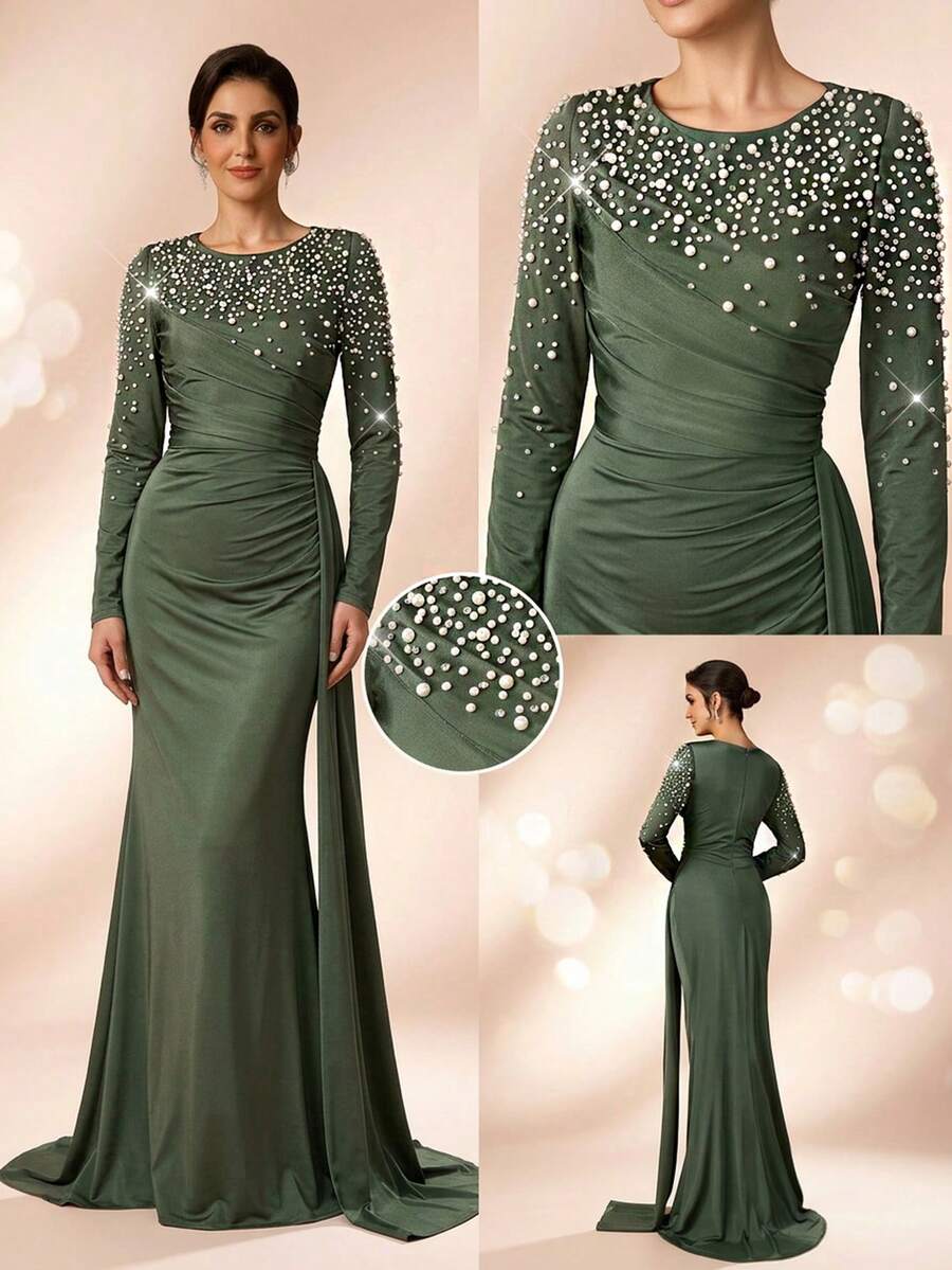 Serin Falda de sirena elástica de punto con pliegues, con diamantes y strass, elegante y lujosa, adecuada para bodas, fiestas, vacaciones, galas, días festivos, vestidos de noche para la madre de la novia - Verde militar - Ver 1