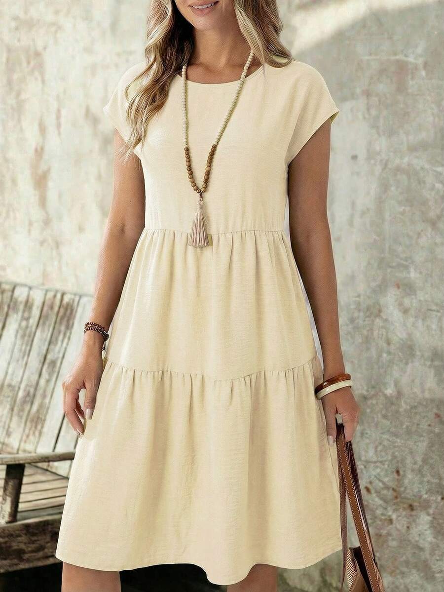 EMERY ROSE Gaun Wanita Kasual Boho Bahan Mirip Linen Putih Berpayet Lengan Pendek Leher Bulat Panjang Sedang, Musim Semi/Panas, Gaun Musim Panas untuk Liburan Wanita - Aprikot - View 1