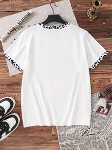 豹纹撞色滚边圆领宽松针织爱心字母图案休闲上衣，适合夏季通勤、居家及所有季节穿着。 - 粉色 - 查看 3