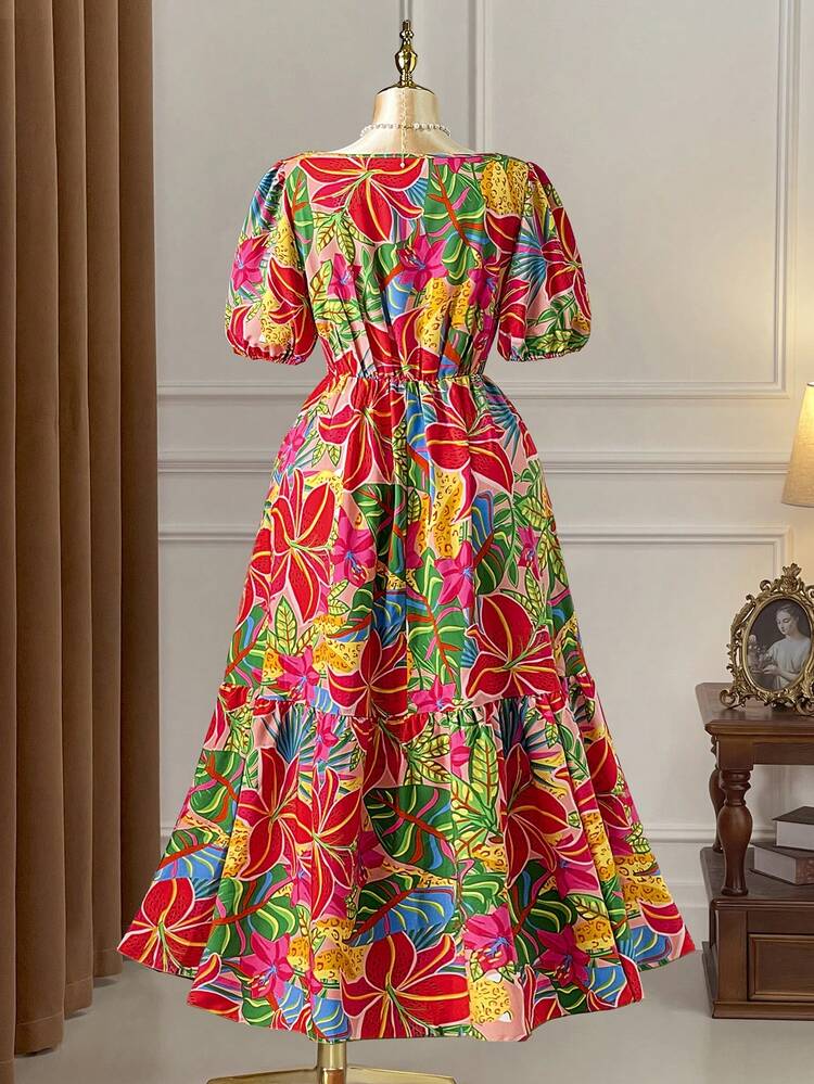 Rometta Đầm maxi nữ cỡ lớn cổ vuông tay cánh hoa in họa tiết nhiều màu sắc, eo xòe. - Nhiều màu - Xem 2