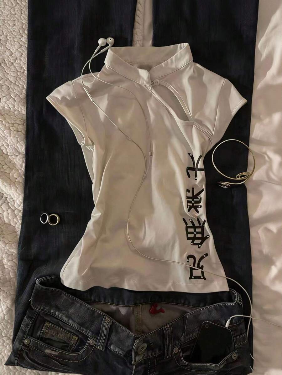 Glimmora Áo thun tay ngắn cổ đứng nữ, kiểu dáng thường ngày, đa năng. - trắng - Xem 1