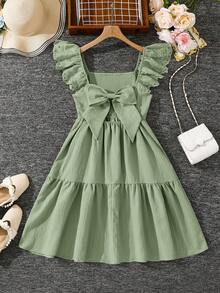 Emery Rose Kids Emery Rose Kids Đầm dệt trơn cổ vuông viền bèo cho bé gái tuổi teen màu be, đầm màu be cho bé gái, đầm màu sâm panh cho bé gái tuổi teen, đầm xếp nếp cho bé gái - Màu xanh Bạc hà - Xem 2