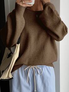 DAZY Suéter holgado y casual de cuello redondo para mujer, nueva llegada de otoño/invierno - Marrón - Ver 3