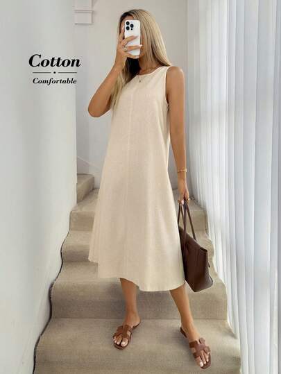 SHEIN LUNE 女士纯色圆领休闲派对日常连衣裙