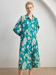 Ocili Đầm ngủ nữ cổ jacquard cài một hàng khuy, kiểu dáng thường ngày, thích hợp mặc ở nhà. - Màu xanh lá cây đậm - Xem 4