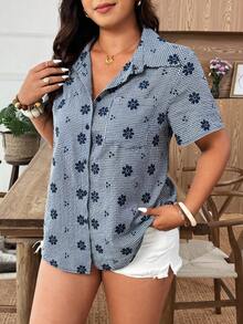 SHEIN LUNE Chemise à manches courtes à imprimé à carreaux et floral, à simple boutonnage, polyvalente et décontractée pour le port quotidien. Tenue de plage pour femmes. Hauts conservateurs pour femmes. Chemises d'été décontractées pour femmes. Polo blouse pour femmes. Hauts d'été décontractés pour femmes. - Bleu azur - Voir 6