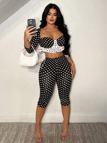 SHEIN SXY 情人节红色波点性感荷叶边七分裤套装 - 黑色 - 查看 7