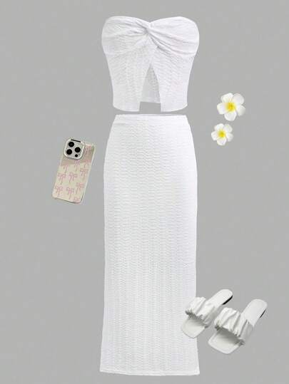 Girlism Tween Girl Summer White Knit Textured Cropped Camisole And Bodycon Mini Skirt Set