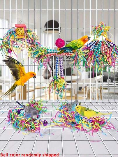 1pc Colorful Woven Parrot Chew Toy, Five Shapes Available, Handmade Woven Wood And Paper Filament Toy, Birdcage Accessory, Bird Supplies, Color Random.