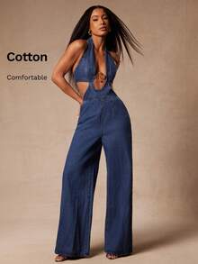 NYA SZN Denim Jumspuit Hardware Easter St. Patricks Day Brunch Casual Everyday Going Out Office Siren Western Country Date Night Elegant Luxury Cotton Medium Wash Outfits For Women - Dark Wash - View 1