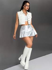 SHEIN ICON Summer Casual Solid Color Cropped Denim Vest - White - View 3