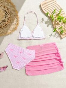SHEIN Tween Girls 3-Piece Bikini Set, Cute Pink Striped Halter Top, Bow Accent, Adjustable Back, Side Tie Bottoms With Skirt, Knit Fabric, Fashionable Elegant Swimsuit For Swimming, Beach, Pool, Summer Vacation - Pink - View 2